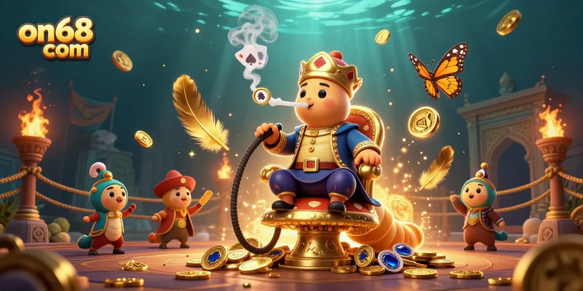 Engage in thrilling gaming at on68 com, featuring a vibrant illustration of a caterpillar master in a casino scene.