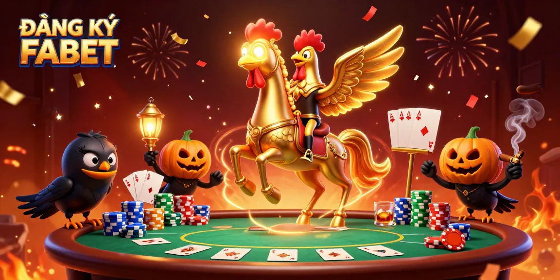 Engage in ĐĂNG KÝ FABET as a golden rooster navigates a vibrant midnight casino scene.