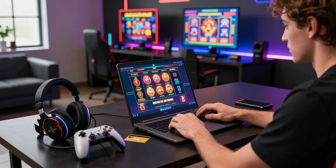 Player enjoying online gaming at credit card casinos with vibrant slot games and modern accessories.