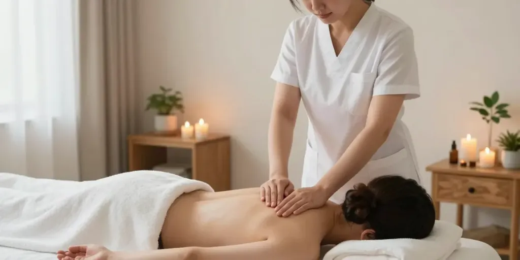 Experience a calming 성동구출장안마 massage in a serene spa environment, emphasizing relaxation and tranquility.