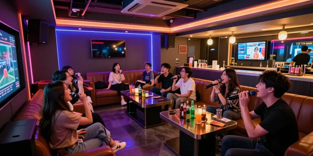 강남의 달토 가라오케에서 친구들과 즐거운 순간을 나누고 있는 모습
