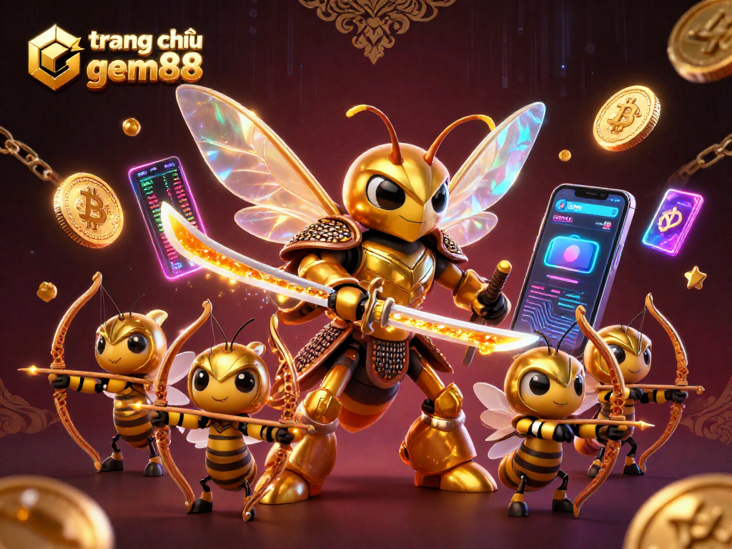 Engaging visual showcasing trang chủ gem88, featuring a 3D cartoon hornet samurai in a dynamic casino scene.