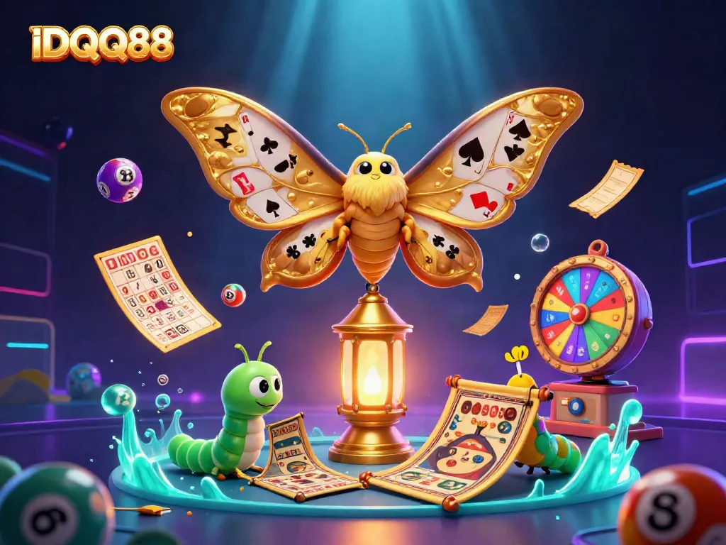 Engage with IDQQ88, featuring a vibrant moth depiction with colorful gaming elements and a rich casino backdrop.