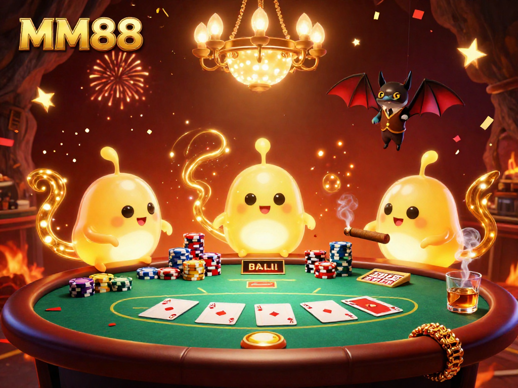 Engage with MM88 casino's vibrant atmosphere featuring glowworms illuminating a lively card game.
