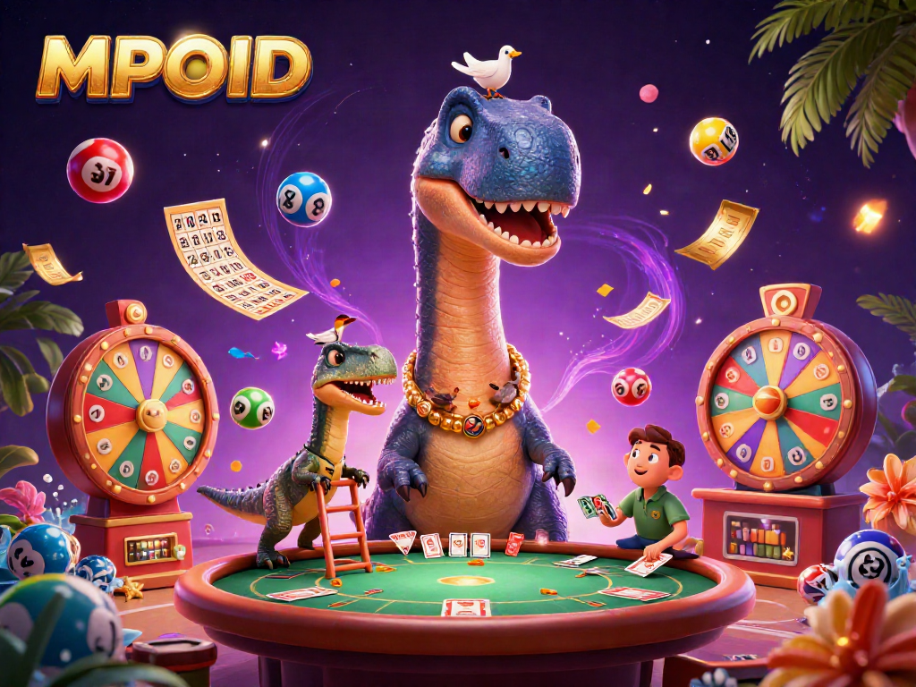 MPOID showcases a vibrant casino scene with a unique brontosaurus dealing cards and lively gaming elements.