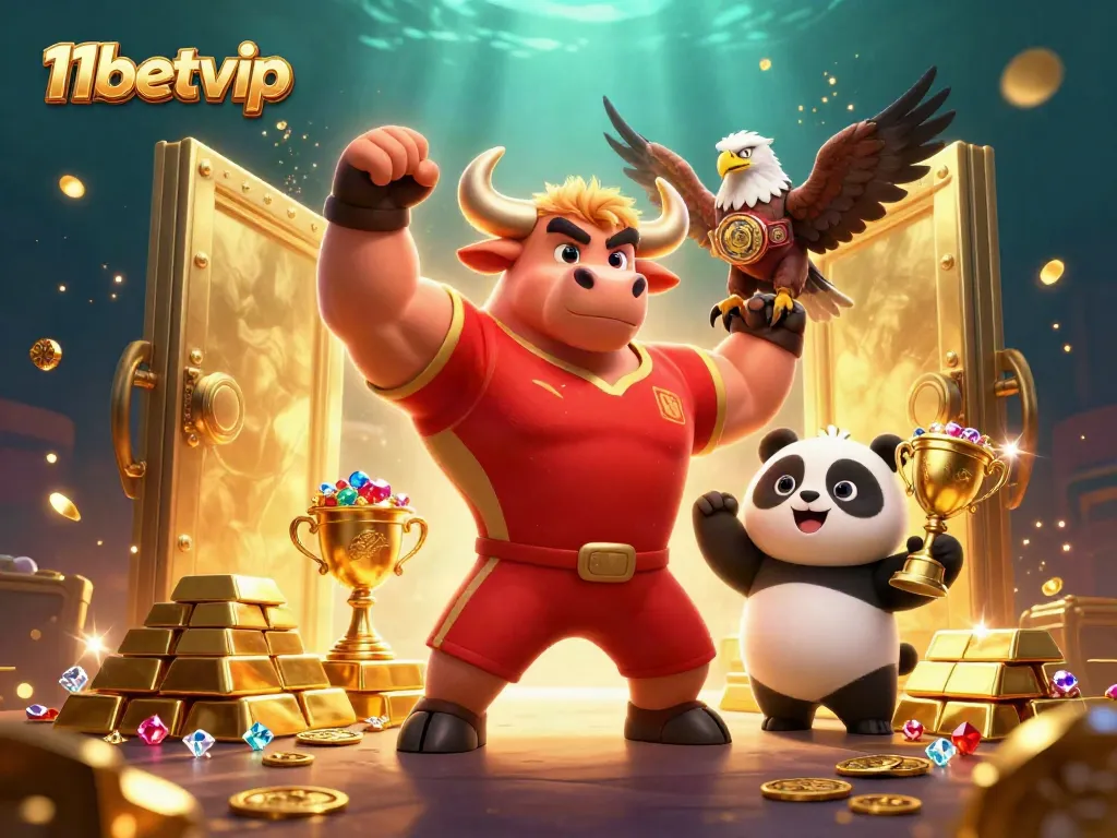 Experience thrilling wins with 11betvip as our mascot celebrates amidst a treasure-filled casino scene.