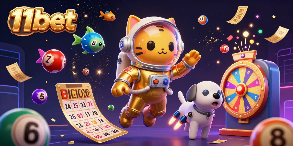 Engage with thrilling 11bet gaming experiences in a vibrant, dynamic 3D illustration featuring colorful lottery elements and space characters.