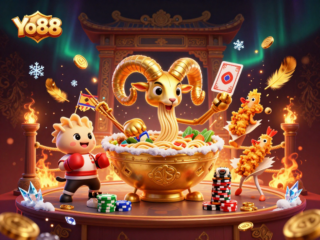Yo88 engages players with a lively 3D casino scene featuring animated food characters and gambling elements.
