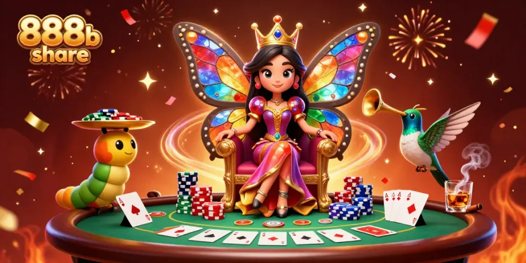 Experience the vibrant 888b share casino world with the enchanting butterfly queen amidst gambling elements.