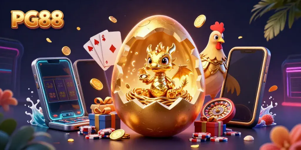Experience PG88 in this vibrant casino scene with a golden dragon and dynamic gaming elements.