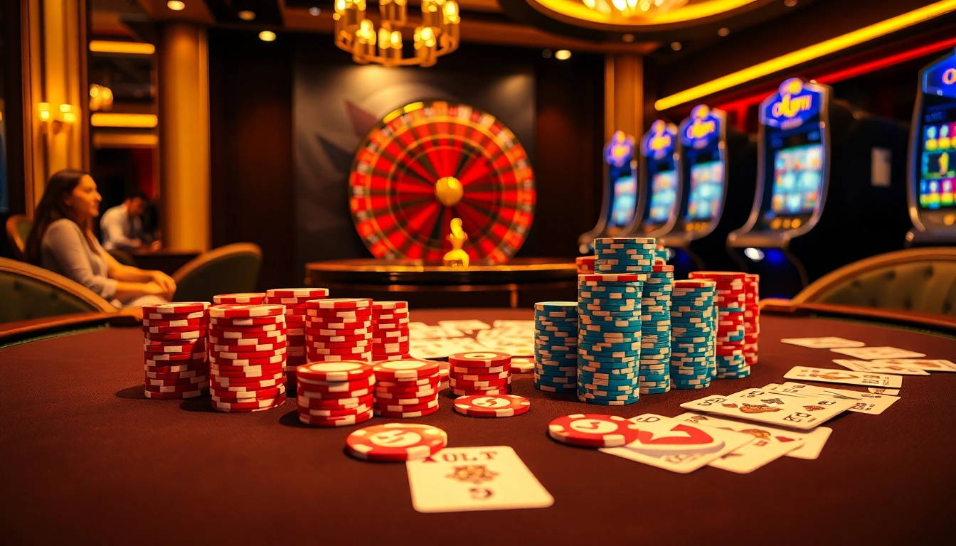 Experience the luxury of OKFUN with vibrant poker chips and spinning roulette wheels in a glamorous gaming atmosphere.