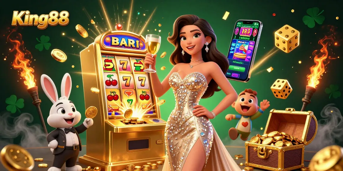 Experience thrilling jackpot wins at King88, featuring a dazzling 3D casino scene with a glamorous character and exciting gaming elements.