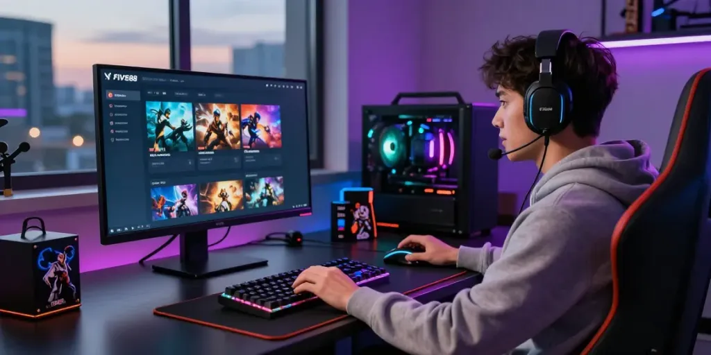 Engaged player exploring https://five88bet.org/ gaming options at a modern gaming desk, with vibrant lighting and accessories.