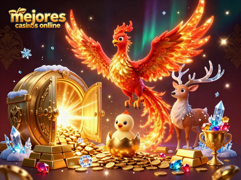 Explora la magia de los mejores casinos online con un fénix y joyas brillantes.