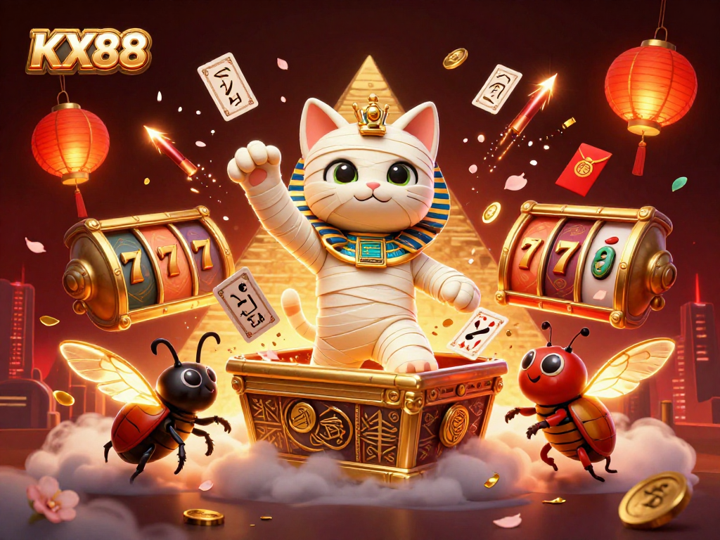 Engage in thrilling slots action with KX88 featuring a mummy cat and vibrant casino elements.