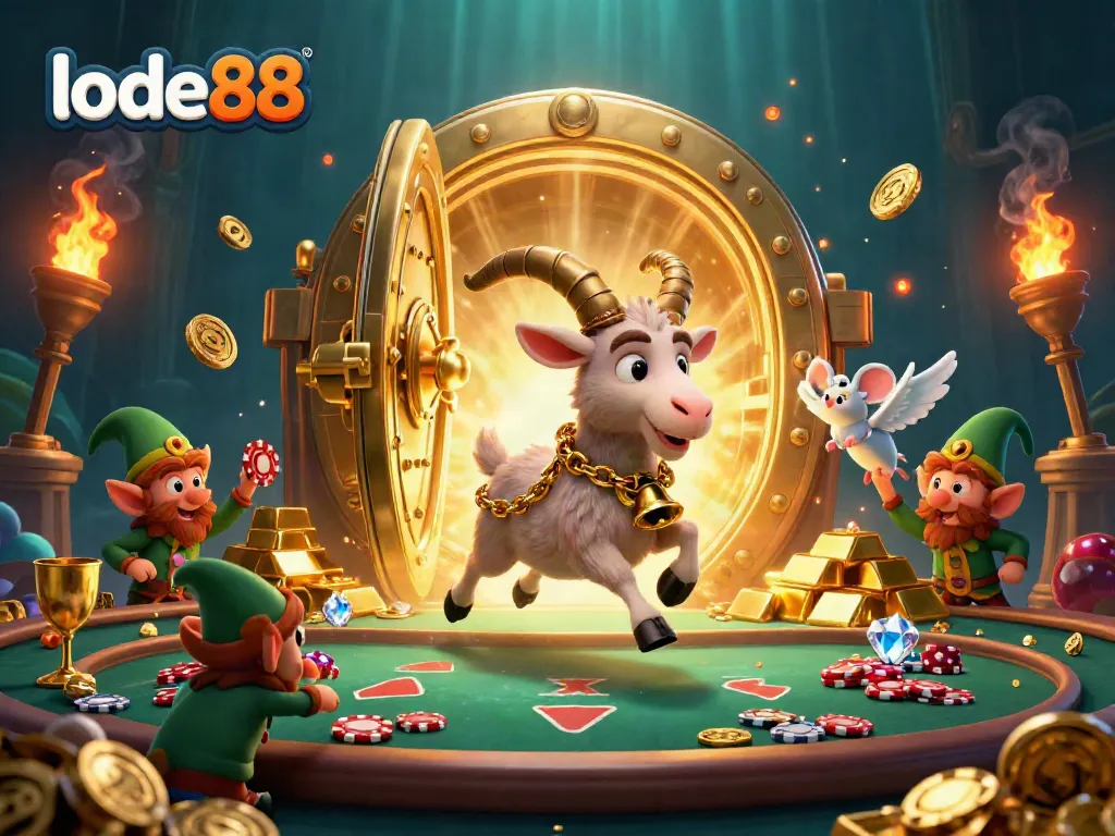Enter the vibrant lode88 casino world with animated characters amidst sparkling treasures and thrilling gambling scenes.