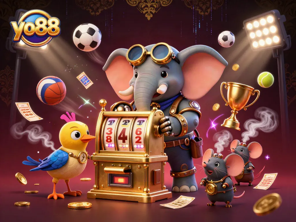 Spin the golden slot machine at yo88 while enjoying a dynamic casino experience with vibrant sports elements.