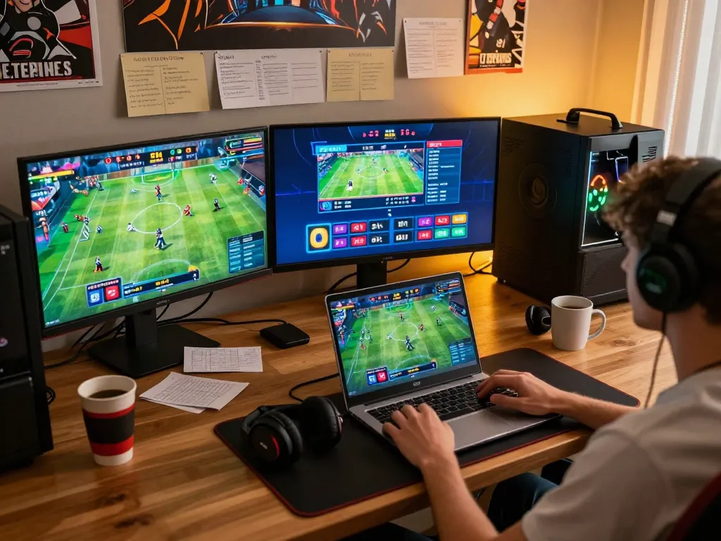 Engaged player exploring nhà cái gk88 on multiple screens, enhancing sports betting strategy.