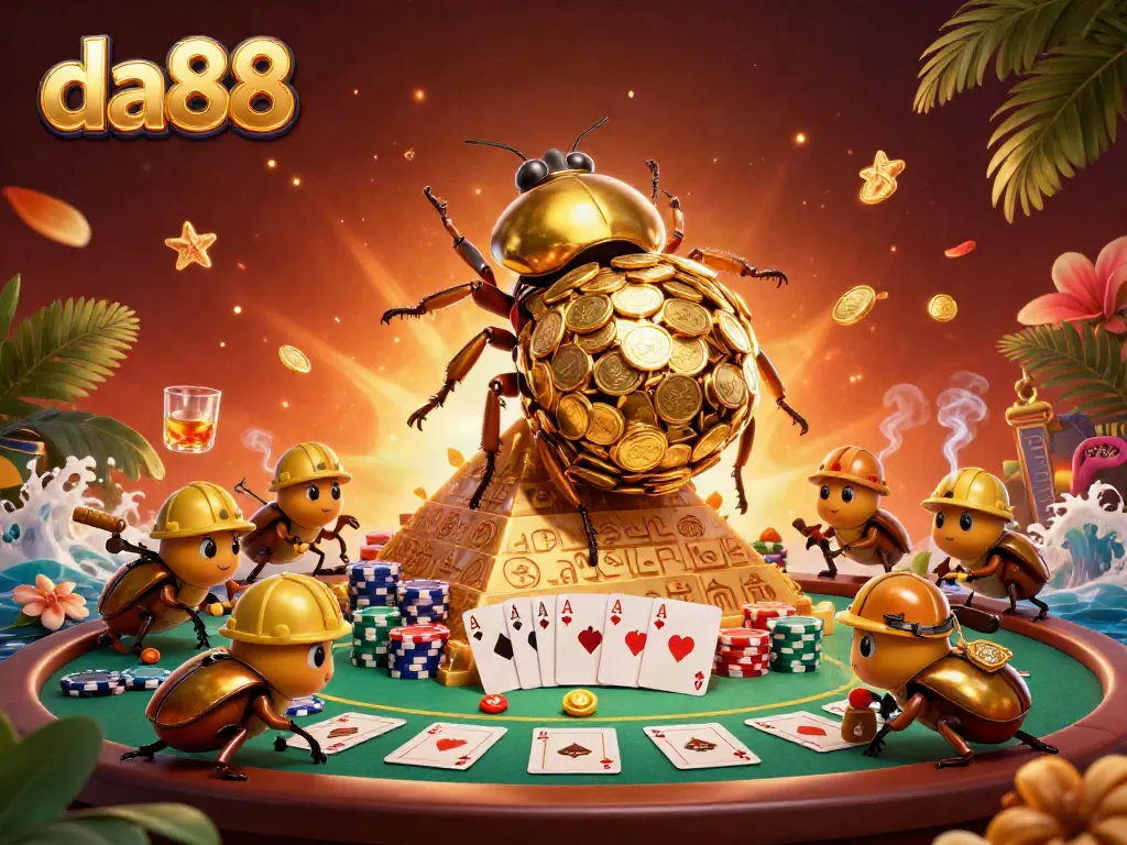 Experience the thrill of da88 with vibrant casino elements and a vivid scene of golden dung beetles.