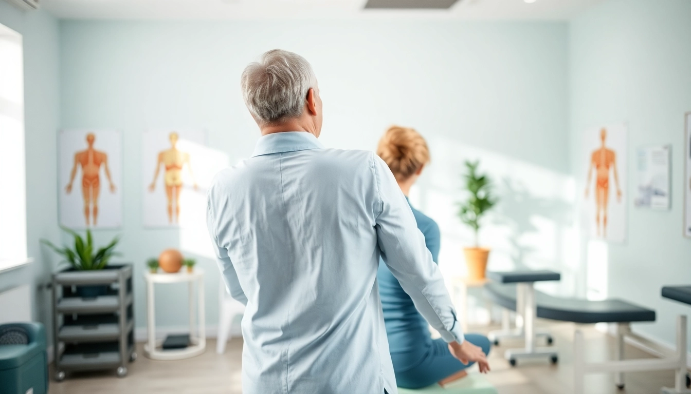 Physiotherapist guiding a client in posture exercises for back pain relief.