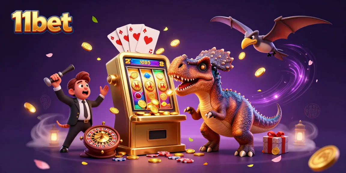 11bet's pachycephalosaurus celebrating a jackpot at a casino amidst golden coins and vibrant gaming symbols.
