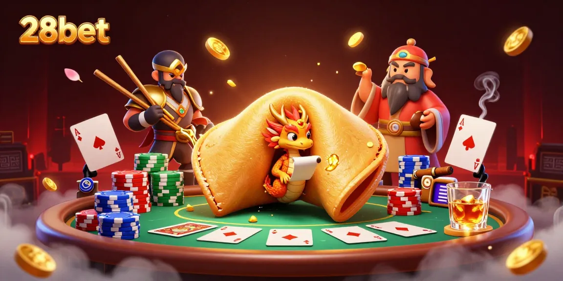 Immerse in 28bet's colorful casino scene featuring a golden fortune cookie and dynamic poker elements.