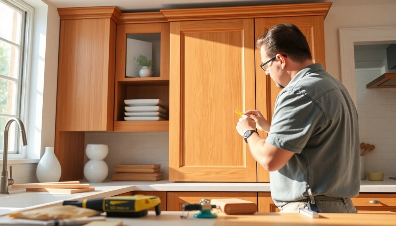 Cabinet Refacing Clearwater FL: Skilled craftsman refinishing stylish wooden kitchen cabinets.