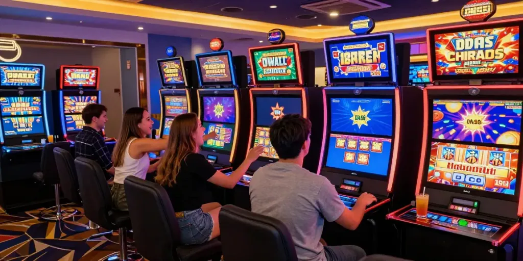 Exciting gaming scene at DA88 showcasing friends enjoying colorful slot machines and casino promotions.