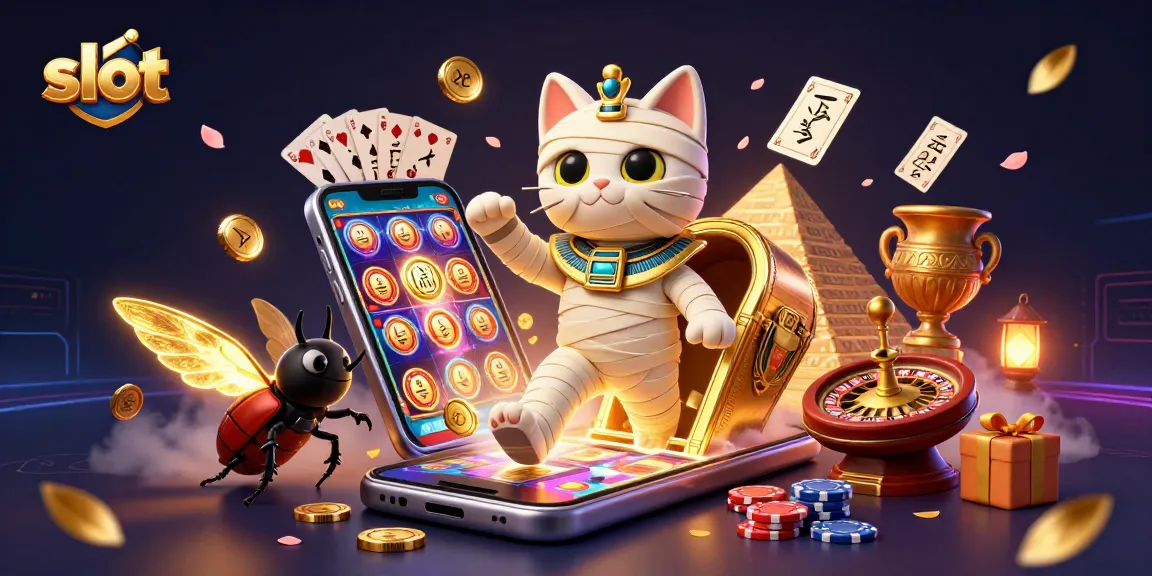 Experience thrilling slot gameplay with a cartoon mummy cat and a glowing scarab in this vibrant casino scene
