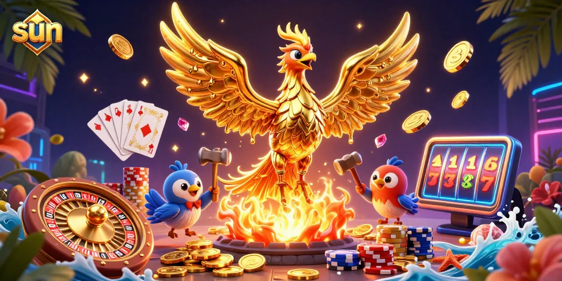 Engage with the sun-themed casino experience featuring a golden phoenix and casino elements