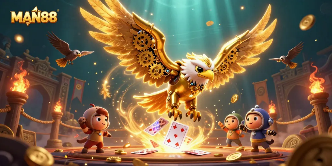 Experience thrilling gameplay with MAN88's immersive 3D casino environment featuring golden eagles and playing cards.