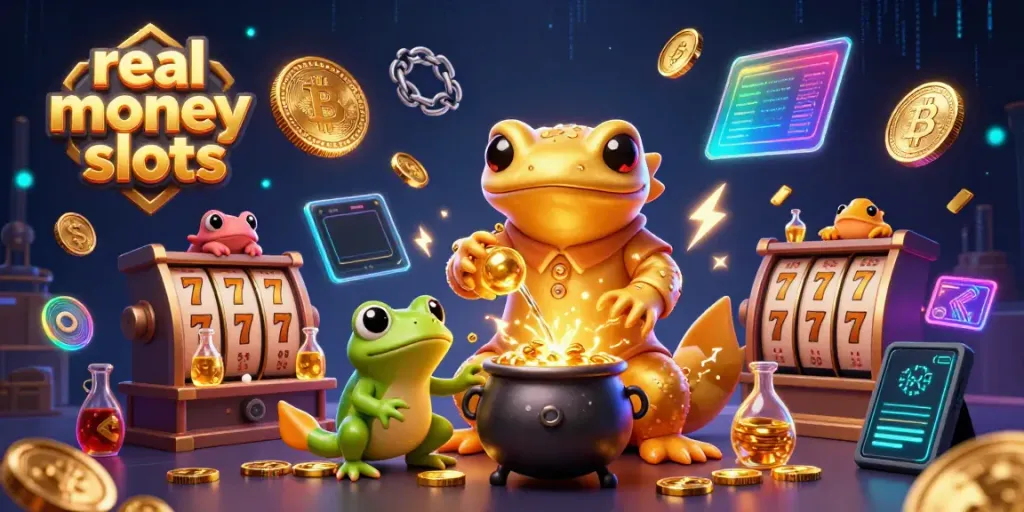 Experience the thrill of real money slots in this 3D illustration with gold coins and vibrant casino elements.