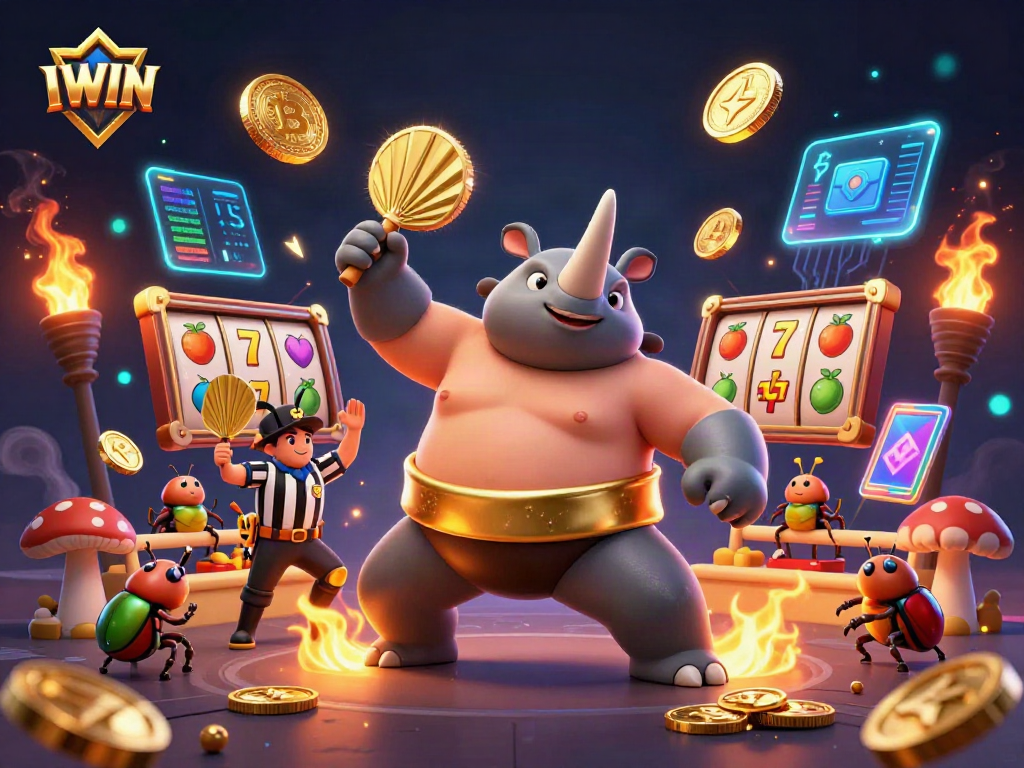 IWIN players experience a thrilling adventure with a sumo champion beetle amidst a vibrant casino backdrop.