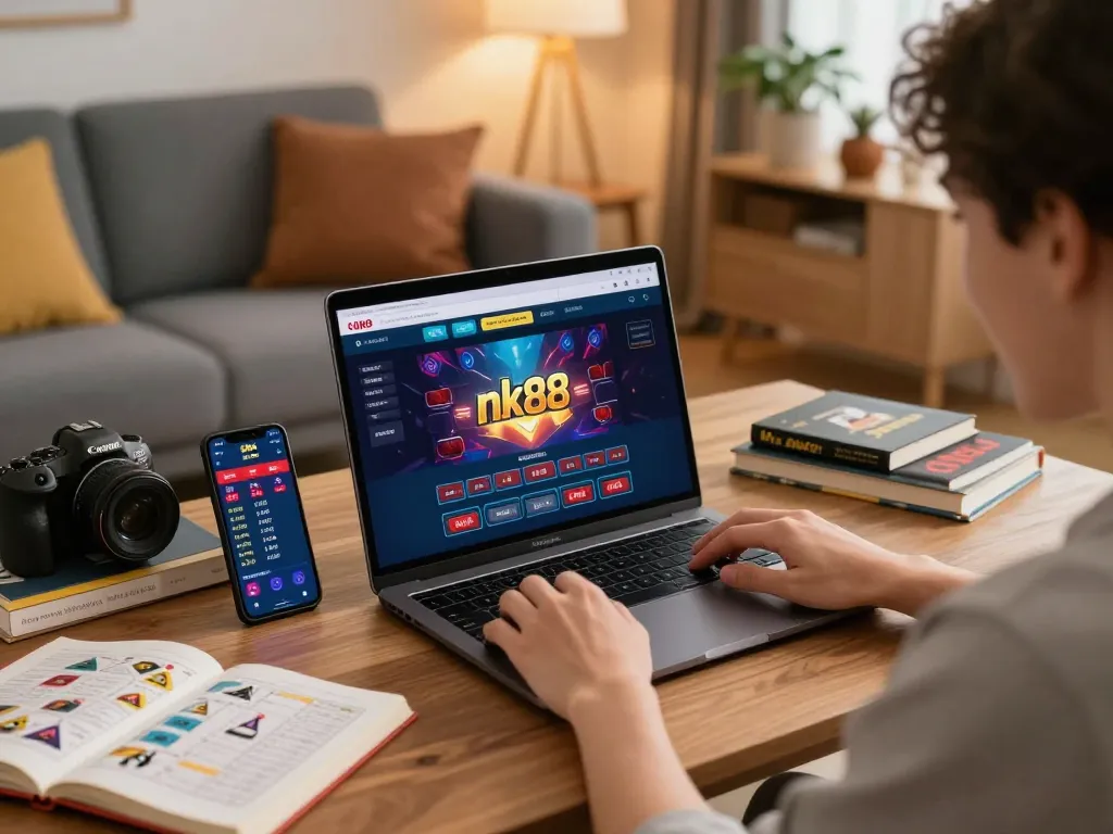 Engaged player utilizing nk88 online casino platform for strategic betting decisions.