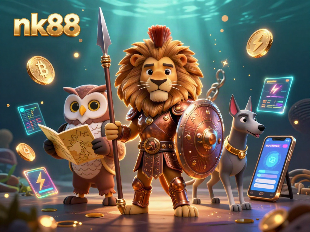 Engage with nk88 as a Spartan lion and allies strategize around crypto elements in a vibrant casino scene.
