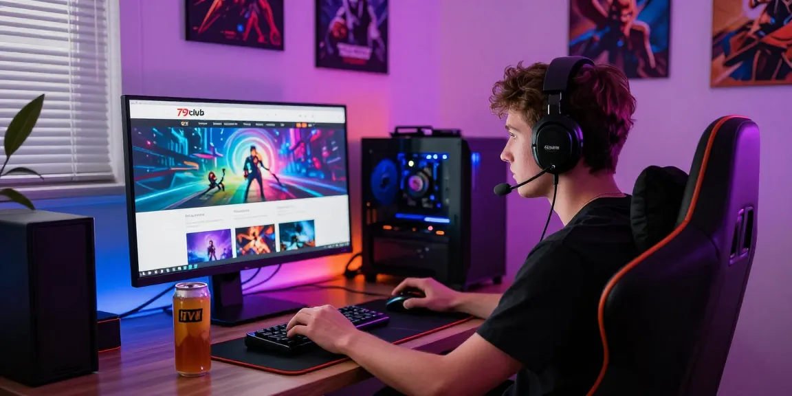 Online gaming enthusiast engaging with 79club platform in a vibrant home setup.
