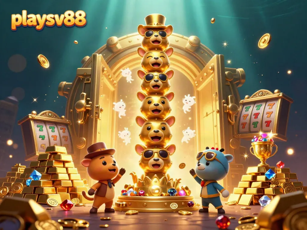 Experience the vibrant energy of playsv88 in this captivating 3D casino illustration featuring golden treasures and totem characters.