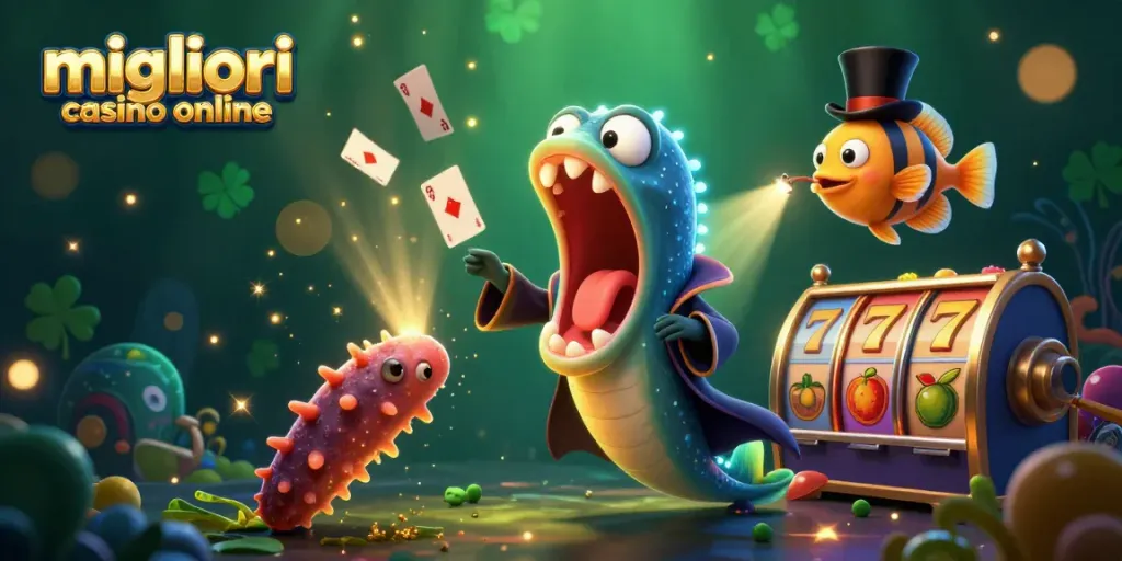 Scopri i migliori casino online mentre il pesce abissale esegue trucchi di carte nei colori vivaci.
