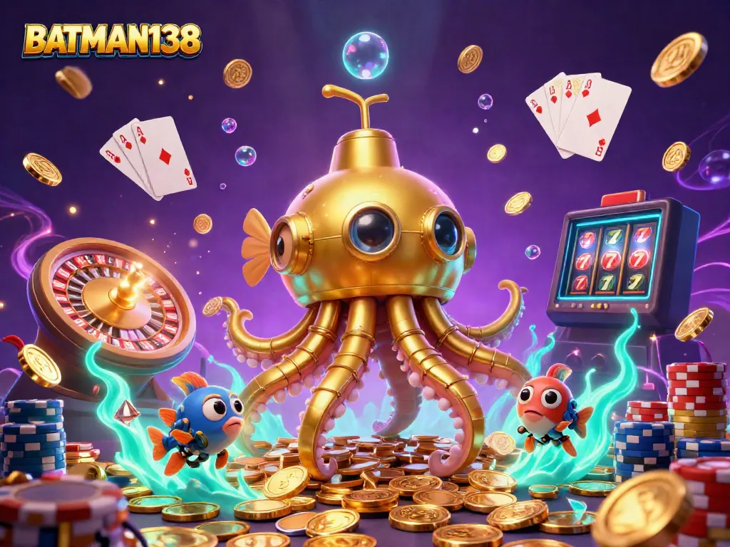 Engage with BATMAN138's thrilling golden kraken theme, showcasing lively casino elements like coins, cards, and roulette.