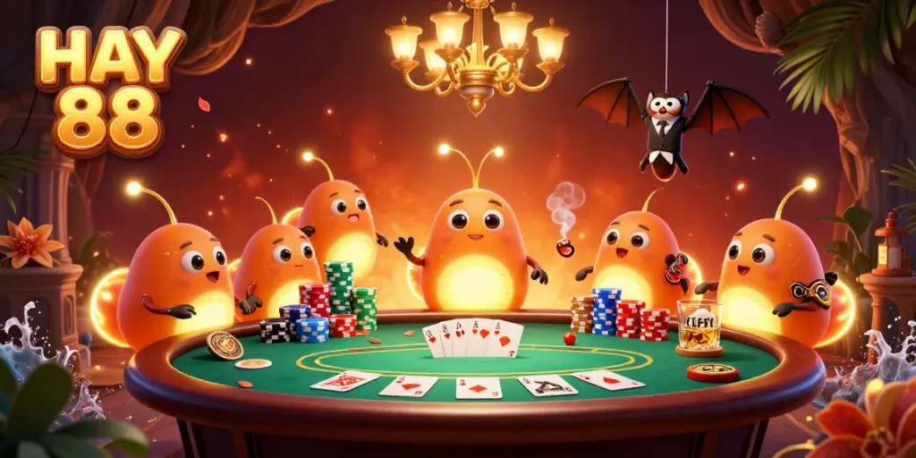 Play poker at HAY 88's vibrant cave casino with glowing glowworms illuminating the scene.