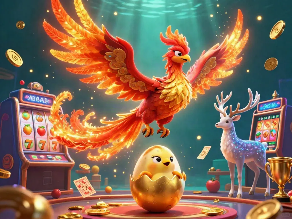 Experience thrilling slot gacor action with a majestic fire phoenix, vibrant casino elements, and golden treasures.