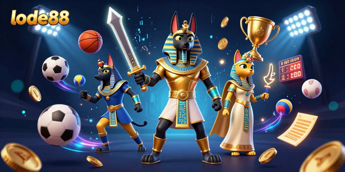 Bet on lode88 with a dynamic 3D illustration showcasing ancient warriors and vibrant sports elements.