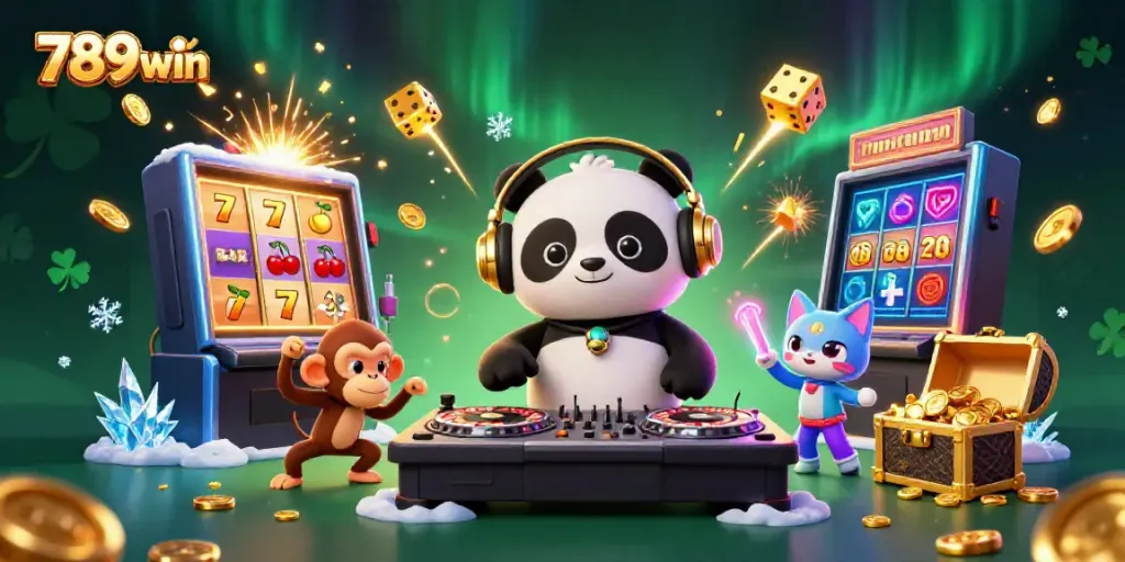 Experience the thrill of 789win with an animated casino party featuring a DJ panda, dancing monkey, and rave kitten.