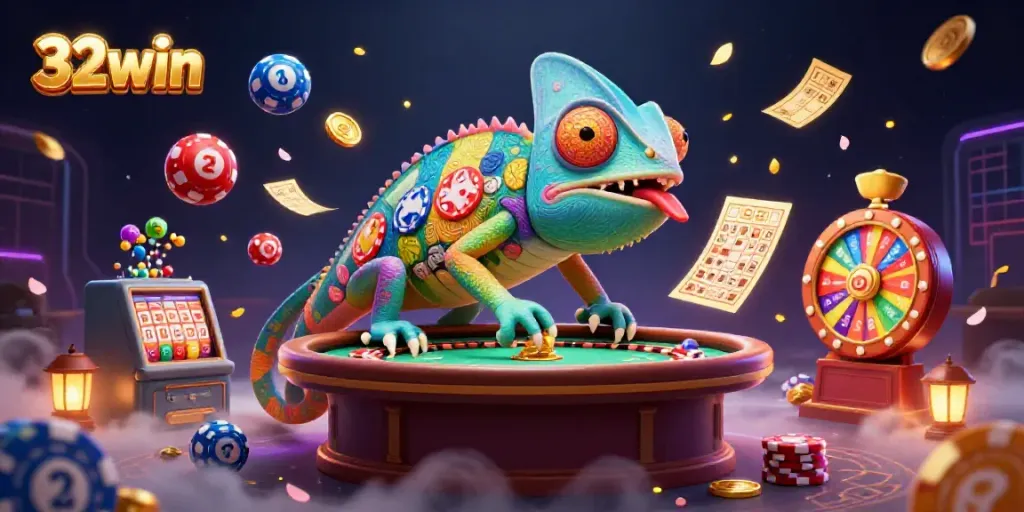 Engage in exciting casino action with 32win's chameleon owner and vibrant gaming elements.