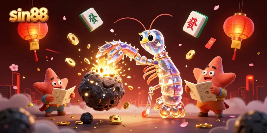 Experience thrilling gameplay at sin88 with a vibrant 3D casino scene featuring winning characters and floating game elements.