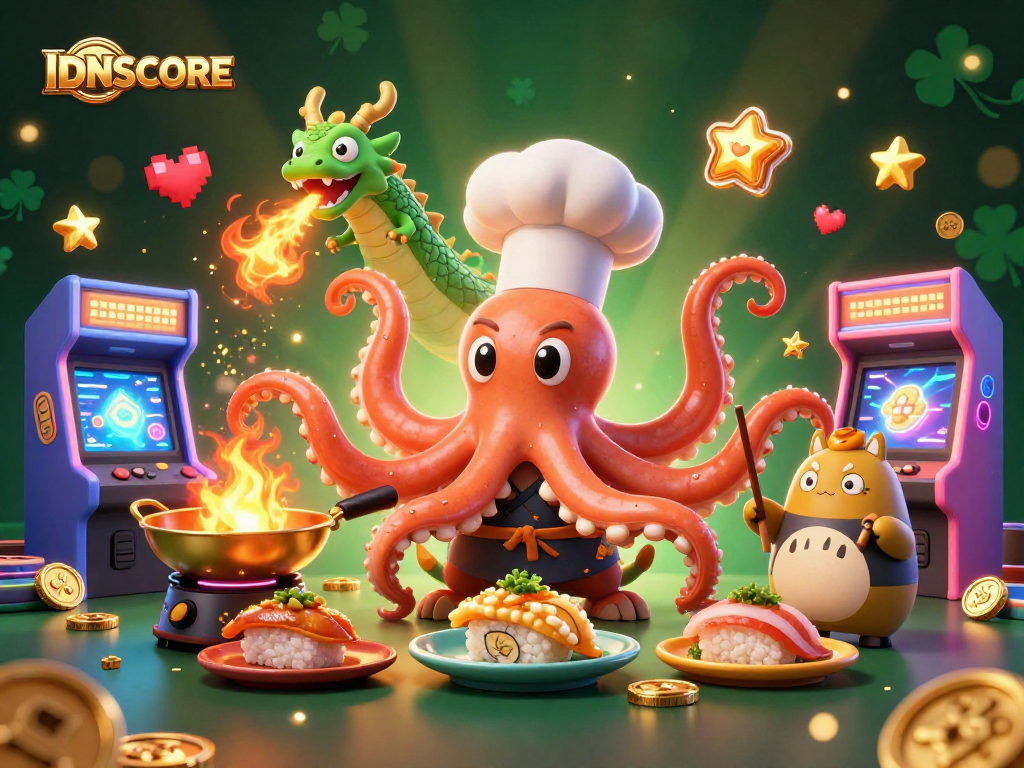 Experience the excitement of IDNSCORE with a vibrant gaming visual showcasing dynamic characters and casino elements.