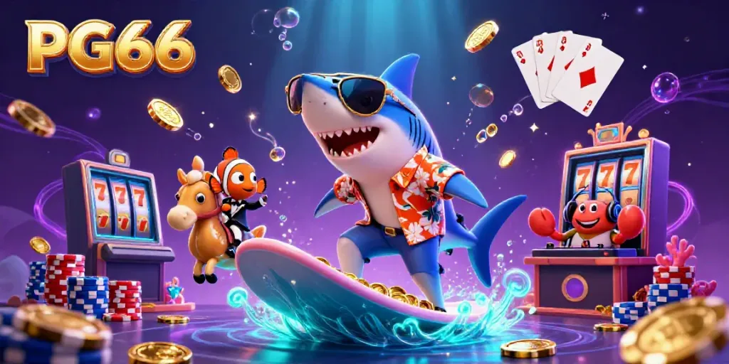 Join PG66's winning adventure with colorful characters surfacing in a thrilling casino scene.