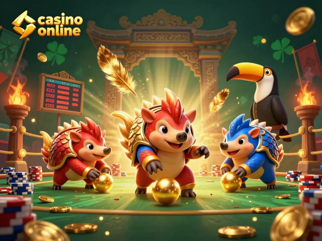 Los pangolines compiten en un casino online lanzando fichas y bolas de oro en una arena vibrante.