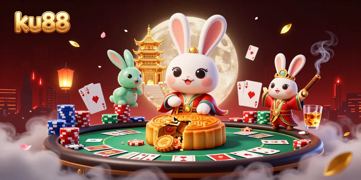 Engage with ku88's vibrant moon rabbit scene revealing poker chips in a captivating lunar casino atmosphere.