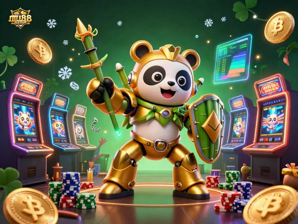 Experience thrilling gameplay at mu88 game with gold panda robot and neon elements in a vibrant casino.